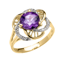 Yellow Gold CZ Alexandrite Solitaire Modern Flower Ladies Ring