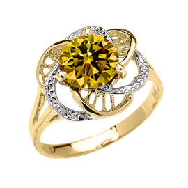 Yellow Gold CZ Citrine Solitaire Modern Flower Ladies Ring