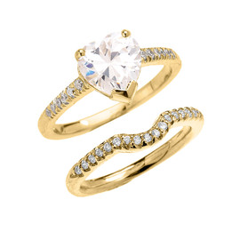 Yellow Gold Dainty Diamond Wedding Ring Set With 3 Carat Heart Shape Cubic Zirconia Center Stone