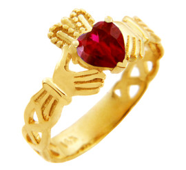 Gold Claddagh Trinity Band Ring with Ruby Birthstone.  Available in 14k and 10k gold.