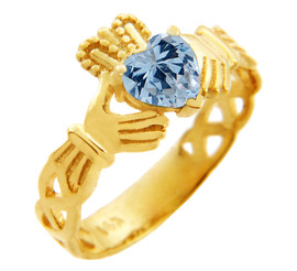 Claddagh Trinity Band Ring in Gold with Aquamarine Birthstone.  Available in 14k or 10k Gold.