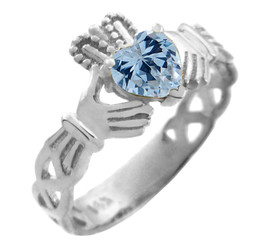 White Gold Claddagh Trinity Band with Aquamarine Blue CZ Heart