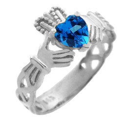 White Gold Claddagh Trinity Band with Blue CZ Heart