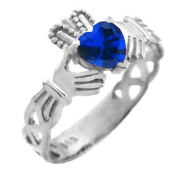 White Gold Claddagh Trinity Band with Sapphire Blue CZ Heart