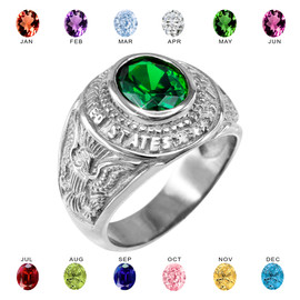 Solid White Gold US Army Men's CZ Birthstone Ring