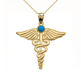 Yellow Gold Turquoise "Caduceus"  Medical Pendant Necklace