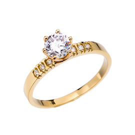 Diamond Yellow Gold Engagement Solitaire Ring With 1 Carat White Topaz Center stone