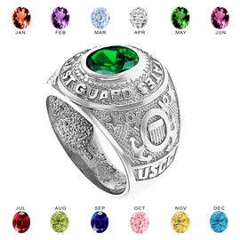 Solid White Gold United States Coast Guard Men's CZ Birthstone Ring