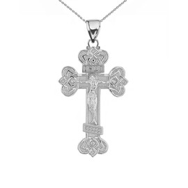 White Gold Budded Eastern Orthodox Crucifix Cross Pendant Necklace