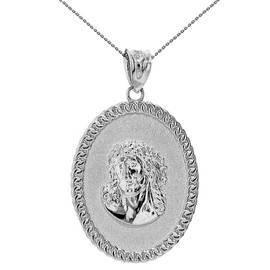 Solid White Gold Jesus Christ the Lord Cuban Curb Link Frame Oval Medallion Pendant Necklace 1.27" ( 32 mm)