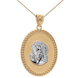 Two Tone Solid Yellow Gold Jesus Christ the Lord Cuban Curb Link Frame Oval Medallion Pendant Necklace 1.27" ( 32 mm)