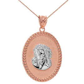 Two Tone Solid Rose Gold Jesus Christ the Lord Cuban Curb Link Frame Oval Medallion Pendant Necklace 1.27" ( 32 mm)