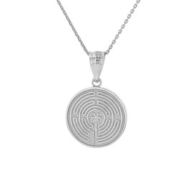 Solid White Gold Chartres Labyrinth Dainty Disc Medallion Pendant Necklace