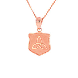 Solid Rose Gold Trinity Shield Triquetra Celtic Knot Disc Medallion Pendant Necklace