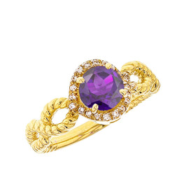 Yellow Gold Infinity Rope Diamond Genuine  Amethyst Engagement Ring