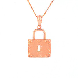 Solid Rose Gold Swirl Rectangle Keyhole Padlock Pendant Necklace