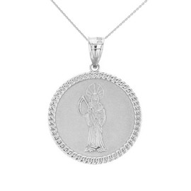 Solid White Gold Santa Muerte Cuban Link Frame Medallion Pendant Necklace  1.34 " (34 mm)