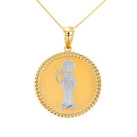Two Tone Solid Yellow Gold Santa Muerte Cuban Link Frame Medallion Pendant Necklace  1.34 " (34 mm)