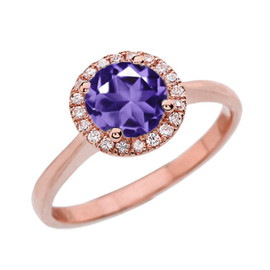 Rose Gold Diamond Round Halo Engagement/Proposal Ring With Amethyst Center Stone
