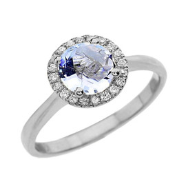 White Gold Diamond Round Halo Engagement/Proposal Ring With Aquamarine Center Stone