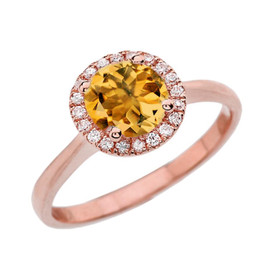 Rose Gold Diamond Round Halo Engagement/Proposal Ring With Citrine Center Stone
