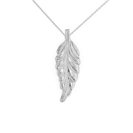 Solid White Gold Bohemia Boho Feather Pendant Necklace