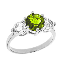 White Gold Genuine Peridot and White Topaz Engagement/Promise Ring