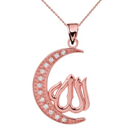 Rose Gold with Cubic Zirconia Moon and Allah Pendant Necklace
