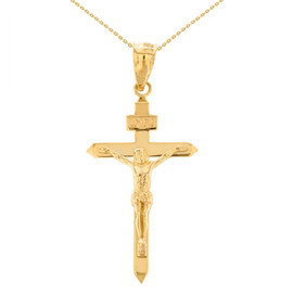 Solid Yellow Gold Catholic  INRI Jesus  of Nazareth Crucifix Pendant Necklace  1.62" (41 mm)