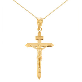 Solid Yellow Gold Catholic  INRI Jesus of Nazareth Crucifix Pendant Necklace  1.41" ( 35 mm)