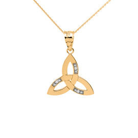 Solid Yellow Gold Diamond Celtic Trinity Knot Pendant Necklace