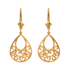 14K Solid Yellow Gold Filigree Teardrop Tree of Life Heart Drop Earring Set