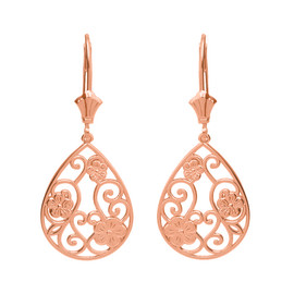 14K Solid Rose Gold Filigree Teardrop Floral Drop Earring Set