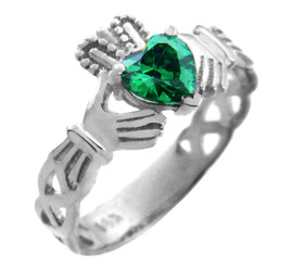 White Gold Claddagh Trinity Band with Emerald Green CZ Heart