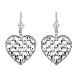 14K Solid White Gold Double Layered Woven Hearts Filigree Heart Shaped  Drop Earring Set