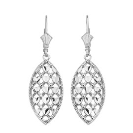 14K Solid White Gold Double Layered Woven Hearts Filigree Marquise Shape Drop Earring Set