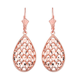 14K Solid Rose Gold Double Layered Woven Hearts Filigree Teardrop Shape Drop Earring Set