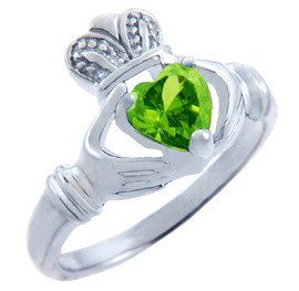 Silver Claddagh Ring with Peridot CZ Heart