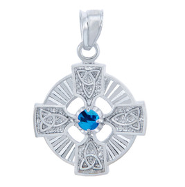 Silver Celtic Trinity Pendant with Blue CZ Stone