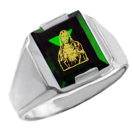 Sterling Silver Green CZ Stone Sacred Heart Jesus Signet Men's Ring