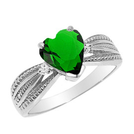 Beautiful White Gold Emerald (LCE) and Diamond Proposal Ring
