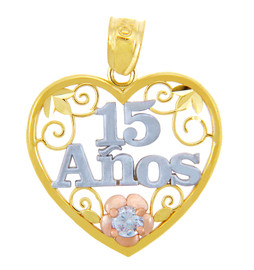 Sweet 15 Años Quinceanera Gold Heart Pendant with Cubic Zirconia