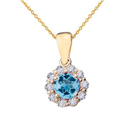 14k Yellow Gold Dainty Floral Diamond Center Stone Blue Topaz Pendant Necklace