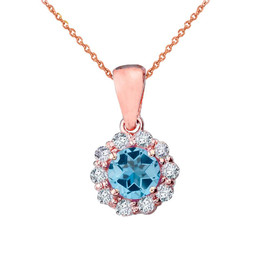 14k Rose Gold Dainty Floral Diamond Center Stone Blue Topaz Pendant Necklace