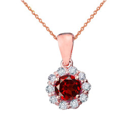 14k Rose Gold Dainty Floral Diamond Center Stone Garnet Pendant Necklace