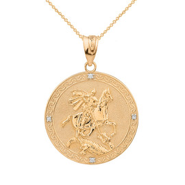 Solid Yellow Gold  Saint George Engravable Diamond Medallion Pendant Necklace  (Small)