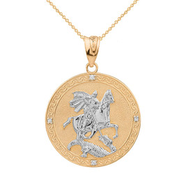 Two Tone Yellow Gold Saint George Engravable Diamond Medallion Pendant Necklace  (Small)