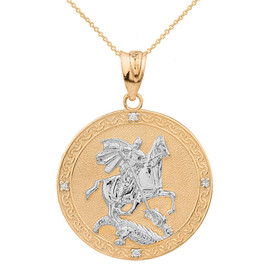 Two Tone Yellow Gold Saint George Engravable Diamond Medallion Pendant Necklace  (Large)