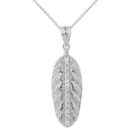 Solid White Gold Cubic Zirconia Boho Feather Pendant Necklace (Large)