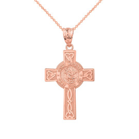 Solid Rose Gold Saint Michael Pray For Us Celtic Cross Pendant Necklace